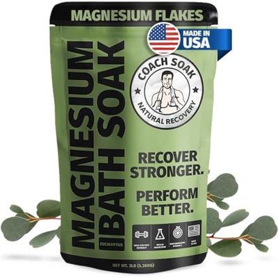 Coach Soak: Recovery Bath Soak - Rejuvenating Post Workout Natural Magnesium Flakes - 21 Minerals, Essential Oils Dead Sea Bath Salts - Absorbs Faster Than Epsom Salts, 3lbs (Eucalyptus Tea Tree)