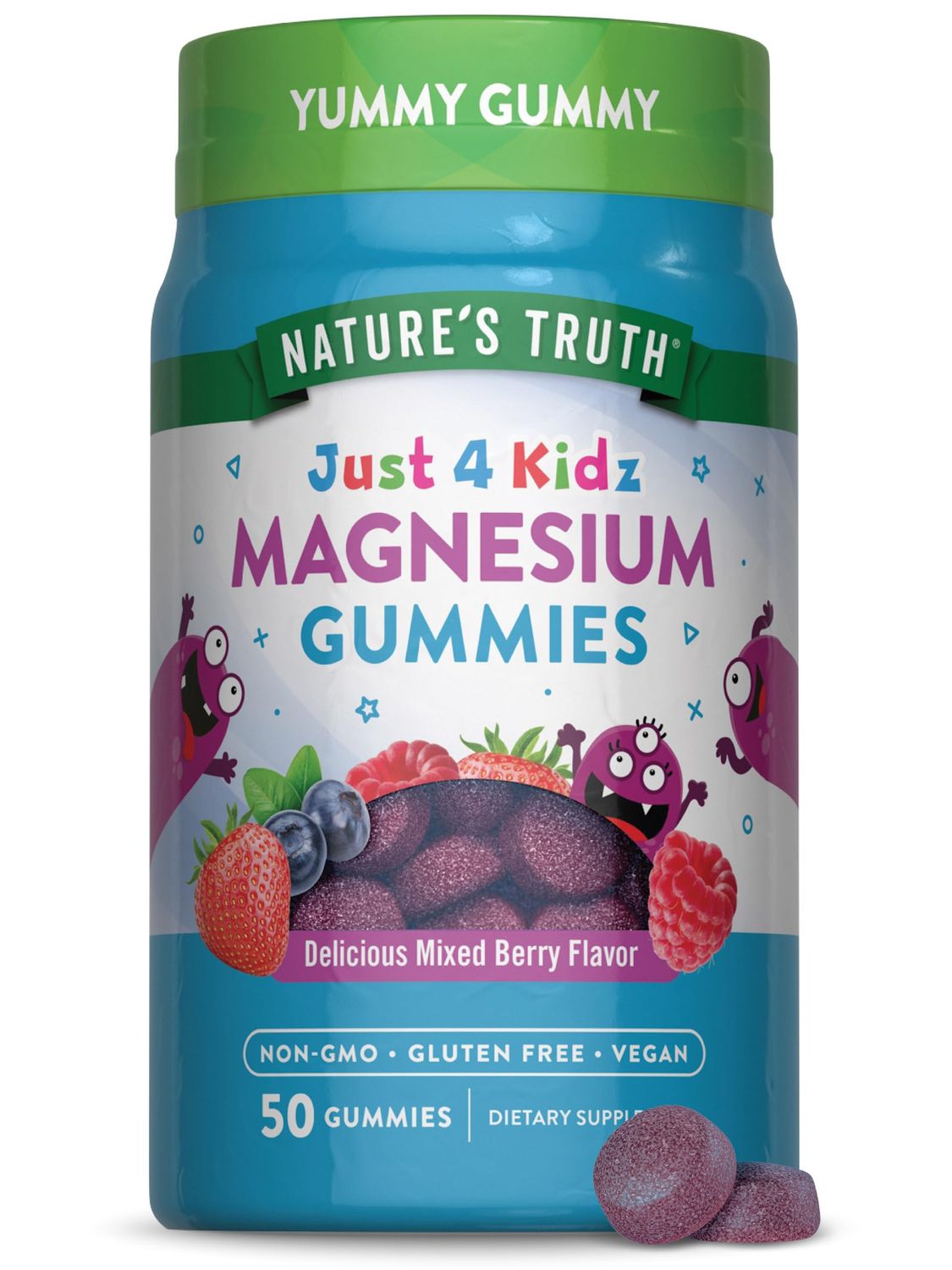 Nature's Truth Magnesium Gummies for Kids Glycinate Citrate 50 Count Mixed Berry Flavor Vegan, Non-GMO Gluten Free Supplement