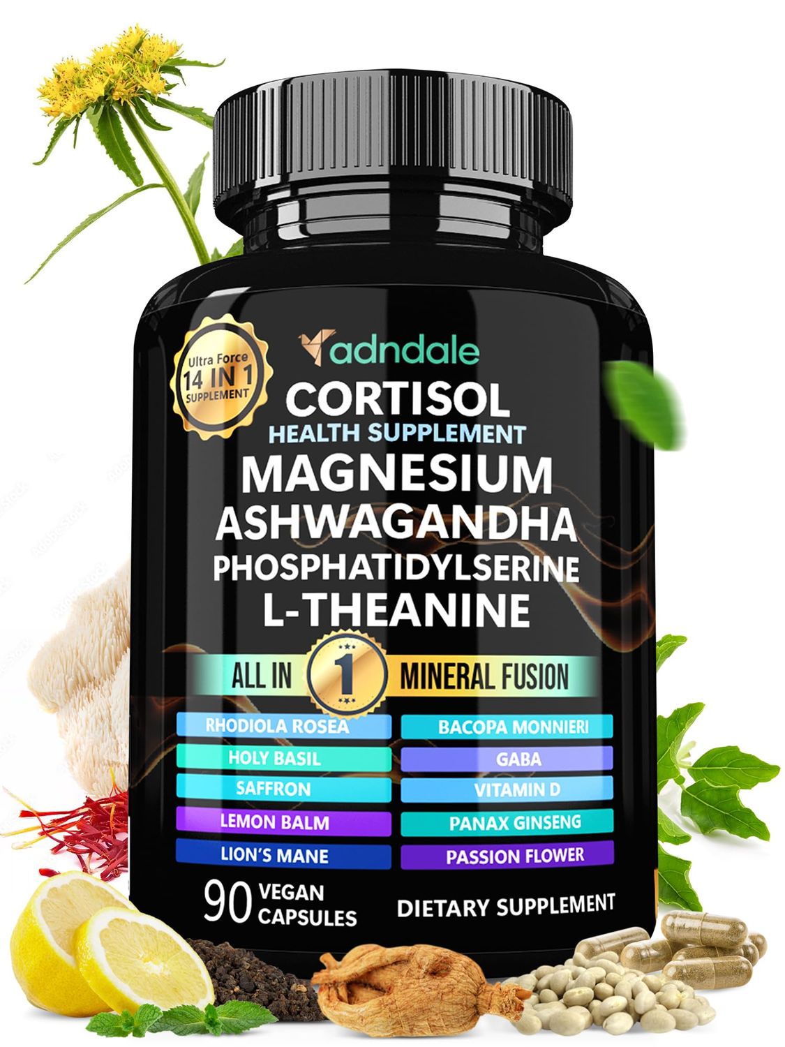 Adndale Cortisol Health Supplement. Ultra Force Cortisol Management 14-in-1 Formula with Ashwagandha, Magnesium Glycinate, L-Theanine More. Support Stress Management Stamina. 90 Capsules.