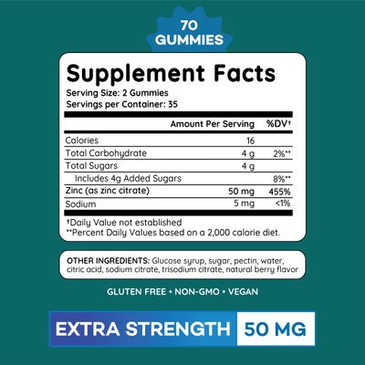 Zinc Gummies 50 mg, Daily Support, Immune System, Enzyme Functions, Natural Energy - 70 Gummies, 35 Day Supply (1-Pack)