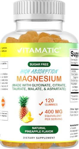 Vitamatic Sugar Free Magnesium Gummies - (Made with GLYCINATE, Citrate, TAURATE, Malate, ASPARTATE) - 400 mg per Serving - 120 Gummies - Promotes Healthy Relaxation, Muscle, Bone, Energy Support