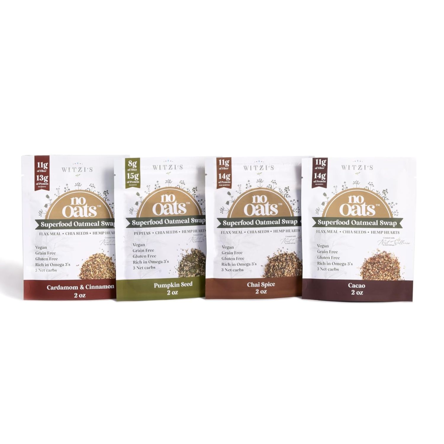 Witzi&#39;s No Oats Overnight Oatmeal Alternative, Variety Pack, 2oz (Pack of 4), Grain Free, Gluten Free, Low Carb, No Sugar, Vegan, Keto, Superfood Seed Mix