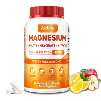 Airboy Magnesium Mineral Supplements Triple Magnesium Complex Supplement, 400mg of Magnesium Glycinate, Malate, Citrat, High Absorption Support Sleep, Muscle, and Relaxation,120 Vegan Capsules