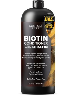 SOULSPA PURE Biotin Conditioner with Keratin - Intense Repair Strength Boost Formula - Nourishes Scalp for Healthy Hair Growth, with Tea Tree Oil DHT Blockers, for Men Women, 16 fl oz