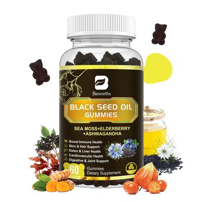 B BEWORTHS Black Seed Oil Sea Moss Gummies, Organic Irish Sea Moss Gummies with Ashwagandha, Black Seed Oil, Elderberry, Turmeric, Vitamin D3C and Zinc - Support Joints, Digestion, Hair Skin