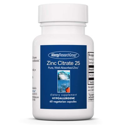 Allergy Research Group Zinc Citrate Supplement - 25mg Zinc for Men Women, Immune Support, Pure, Well-Absorbed, Well-Tolerated, Trace Mineral, Vegetarian Capsules - 60 Count