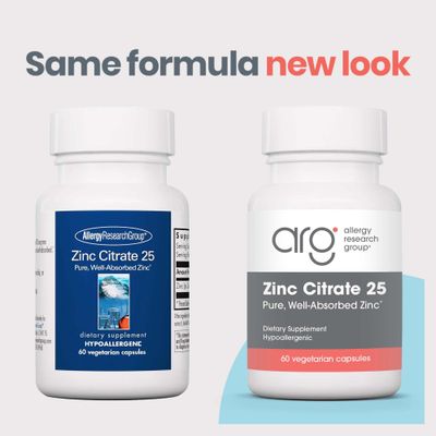 Allergy Research Group Zinc Citrate Supplement - 25mg Zinc for Men Women, Immune Support, Pure, Well-Absorbed, Well-Tolerated, Trace Mineral, Vegetarian Capsules - 60 Count