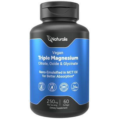 Naturalis Triple Magnesium Complex Vegan Magnesium Glycinate, Citrate Oxide 250mg Easily Absorbed Magnesium Supplement for Stress, Muscle, Heart, Bone Support 60 Veggie Softgels