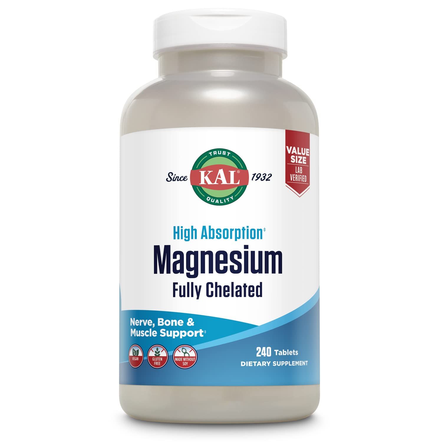 KAL Magnesium Glycinate Tablets, Fully Chelated, High Absorption Formula with Magnesium Bisglycinate Chelate for Nerve, Muscle Bone Health Support, Vegan, Gluten Free, Value Size, 240 Tablets