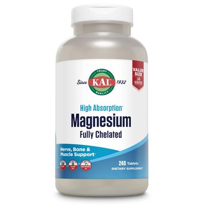 KAL Magnesium Glycinate Tablets, Fully Chelated, High Absorption Formula with Magnesium Bisglycinate Chelate for Nerve, Muscle Bone Health Support, Vegan, Gluten Free, Value Size, 240 Tablets