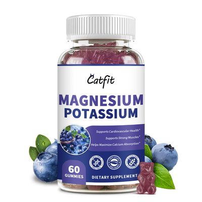 Catfit Potassium Magnesium Supplement Gummies,Magnesium Glycinate,Potassium Gluconate,Triple Magnesium Complex,Calcium,Zinc,Vitamin D3 for Leg Cramps,Sleep,Immunity Energy,60 Ct Blueberry