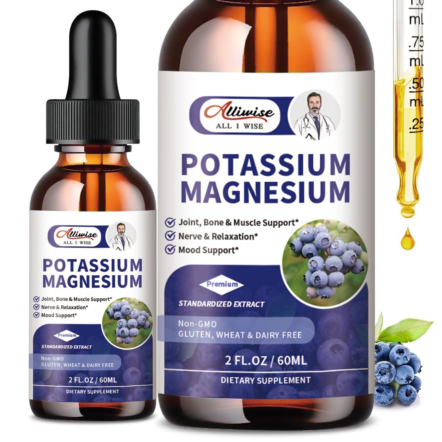 Alliwise 2 Pack Potassium Magnesium Supplement Liquid - High Absorption Calm Magnesium Complex Potassium Plus Calcium, Vitamin D3, Zinc for Leg Cramps Bone Energy Immune Support - 4 Fl oz