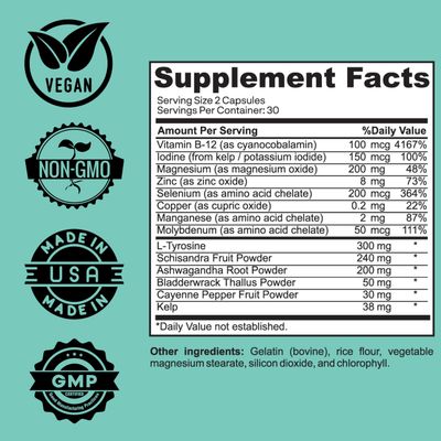 Herb Vitality Thyroid Support Supplement with Iodine, Kelp, Ashwagandha, Selenium Zinc - Supports Energy, Metabolism Thyroid Health - L-Tyrosine, Schisandra Bladderwrack - 60 Capsules