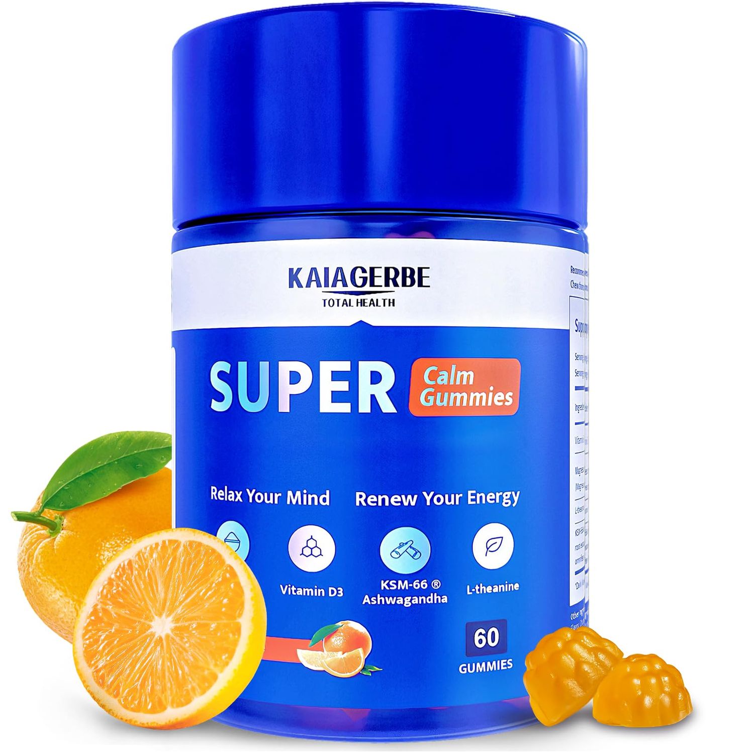 KAIAGERBE TOTAL HEALTH Magnesium Glycinate Gummies for Adults, Sleep Magnesium Chewable Supplement with L Theanine, Ashwagandha Vitamin D, Supports Relax Stress, 60 SuperCalming Gummies