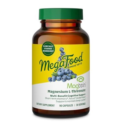 MegaFood Magtein Magnesium L-Threonate - Magnesium Supplement 2000mg Per Serving - Supports Short-Term Memory, Focus, Alertness Normal Sleep Cycles - Vegan, Gluten Free - 90 Capsules, 30 Servings