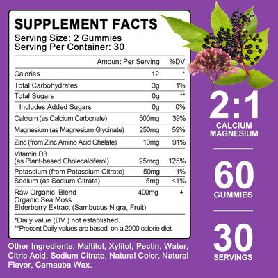 (2 Pack) Sugar Free Calcium Magnesium Zinc Gummies, Calcium Magnesium 2:1, Contains Magnesium Glycinate, Vitamin D3, Sea Moss, for Bones, Muscles, Calm Mood Sleep Support, Vegan, 120 Gummies