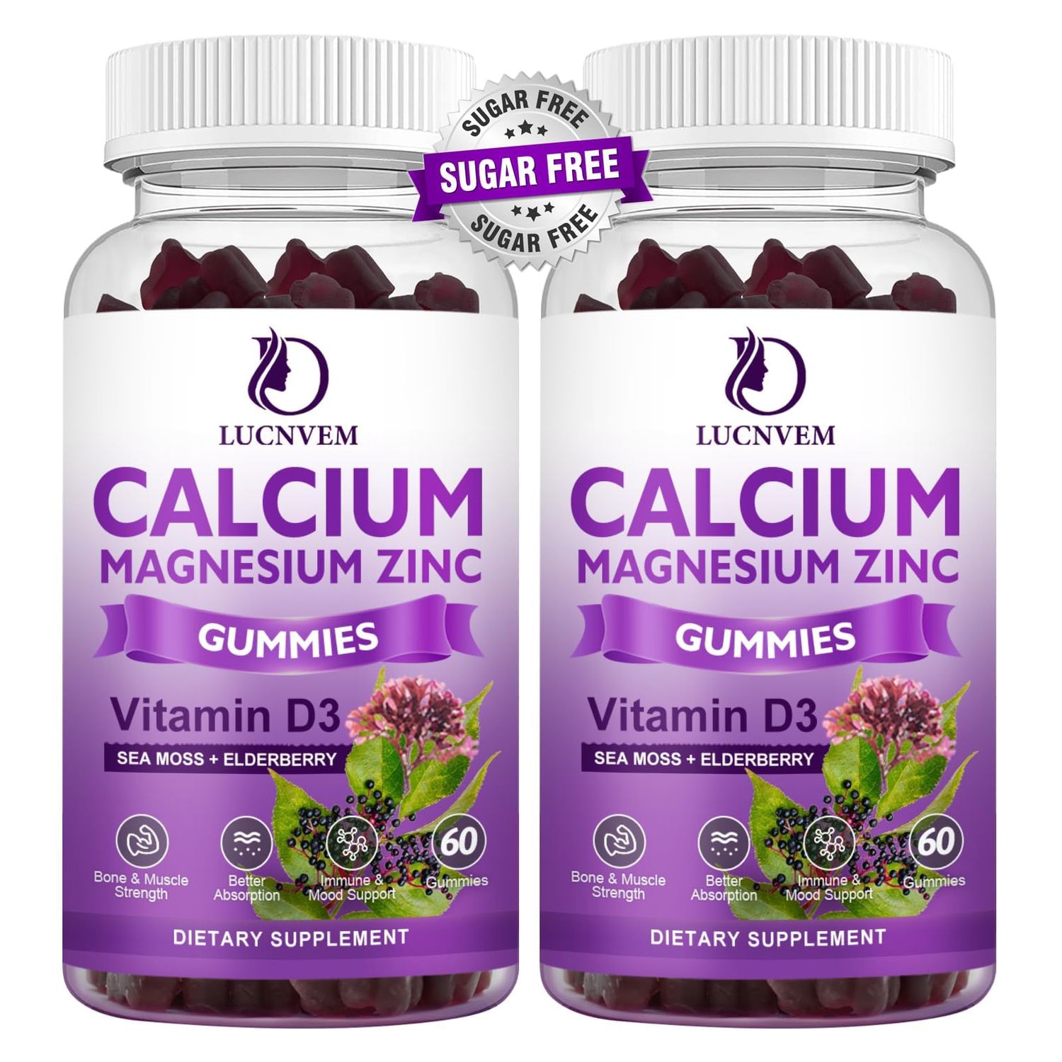 (2 Pack) Sugar Free Calcium Magnesium Zinc Gummies, Calcium Magnesium 2:1, Contains Magnesium Glycinate, Vitamin D3, Sea Moss, for Bones, Muscles, Calm Mood Sleep Support, Vegan, 120 Gummies