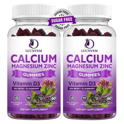 (2 Pack) Sugar Free Calcium Magnesium Zinc Gummies, Calcium Magnesium 2:1, Contains Magnesium Glycinate, Vitamin D3, Sea Moss, for Bones, Muscles, Calm Mood Sleep Support, Vegan, 120 Gummies