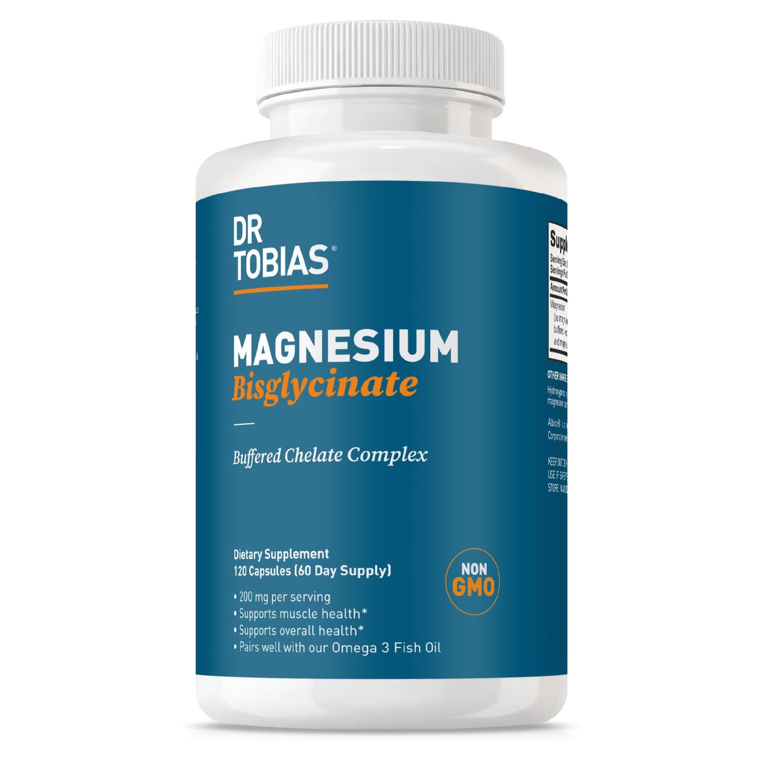 Dr. Tobias Magnesium Bisglycinate, High Absorption Magnesium Buffered Chelate Complex, 200 mg per Capsule, Supports Energy, Muscle, Bone Joint Health, Non-GMO Magnesium Supplement, 120 Capsules