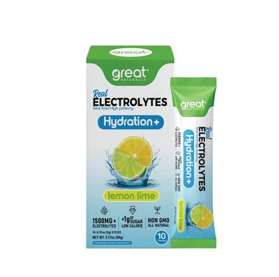 Great Naturally Hydration Lemon Lime Real Food High-Potency Hydration with Magnesium Glycinate, Potassium Sodium Electrolyte Supplement 10 Stick Packs (3.17 oz, Lemon Lime)