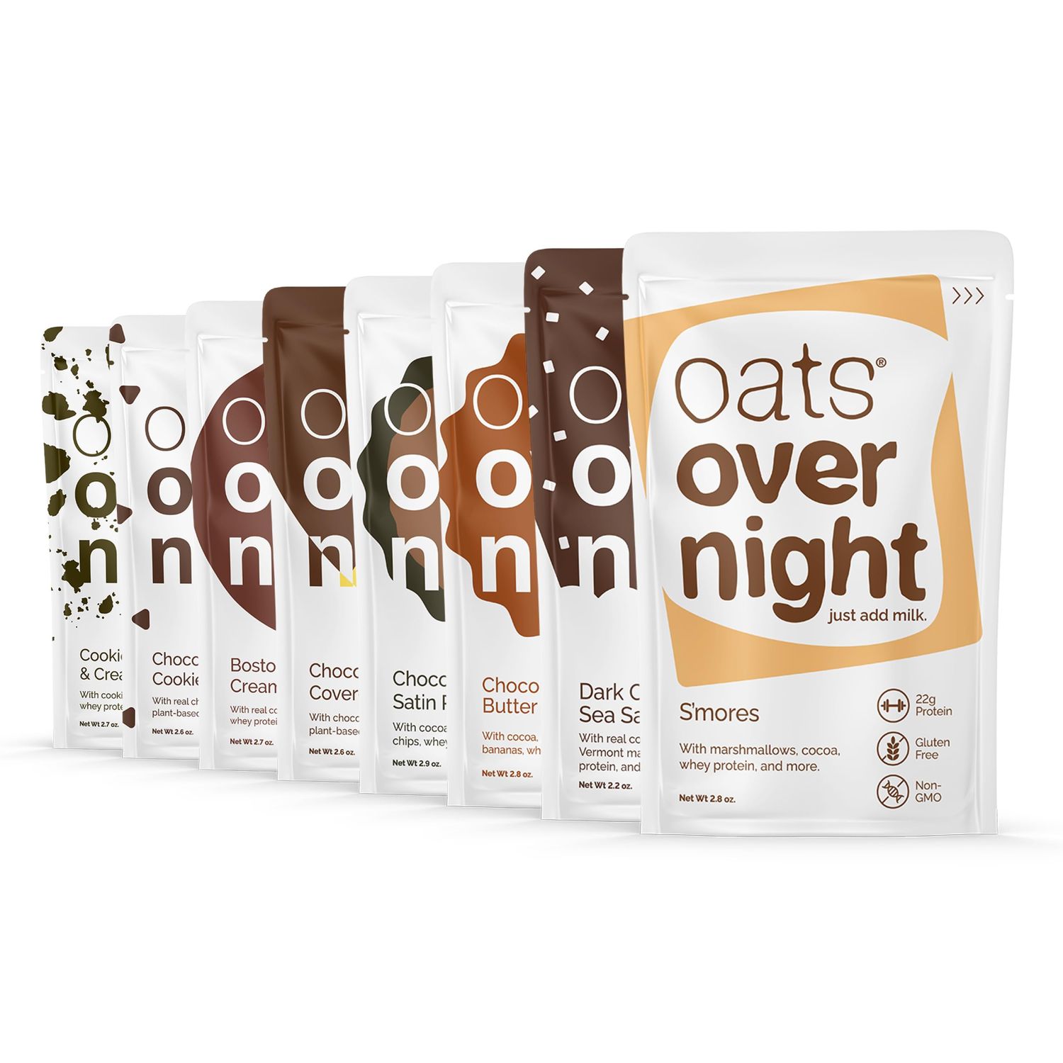 Oats Overnight Chocolate Variety Pack - High Protein, High Fiber Breakfast Protein Shake - Gluten Free Oatmeal, Non GMO High Protein Oatmeal - Smores, Dark Chocolate Sea Salt More Flavors (8 Pack)