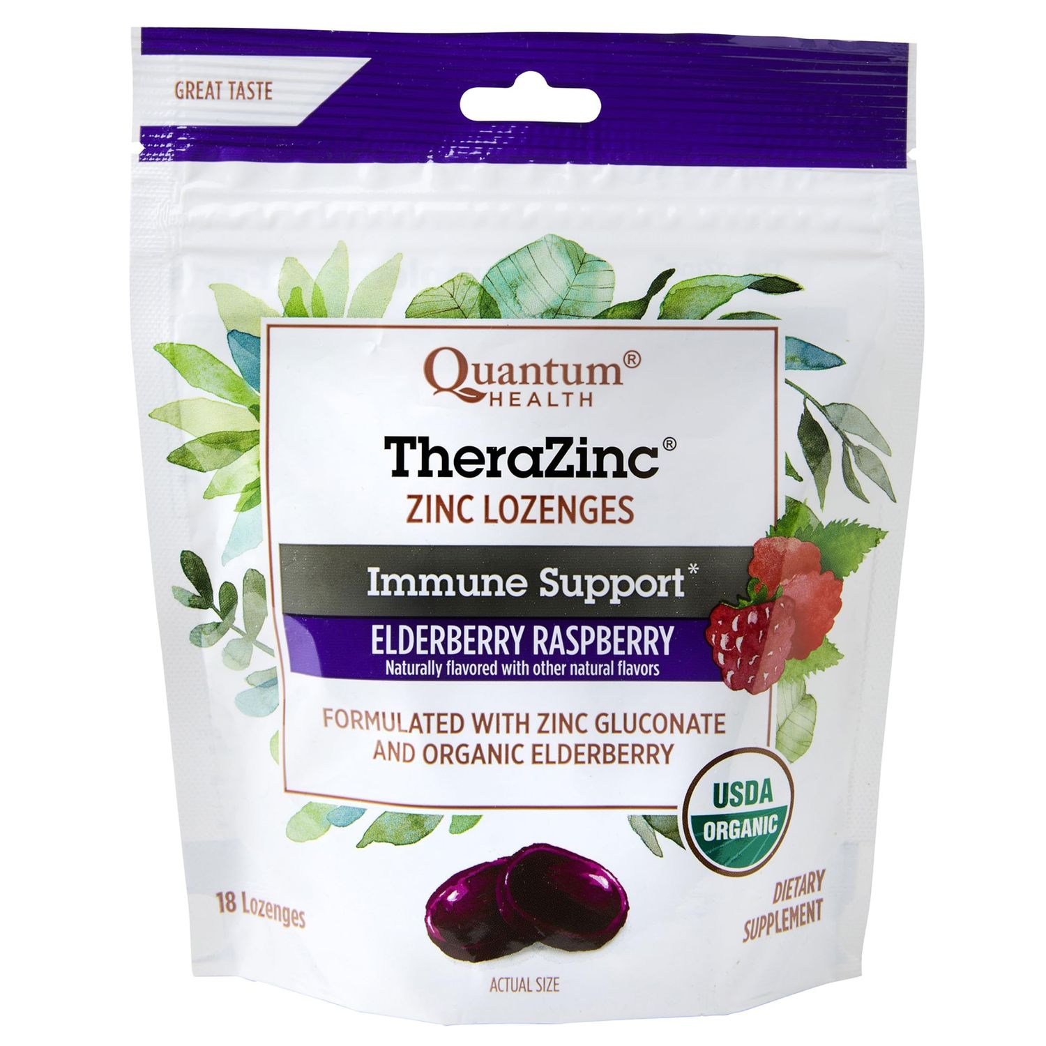 Quantum Health TheraZinc Organic Zinc Lozenges Elderberry Sambucus Raspberry Honey Immune Support for Adults Kids 12 Naturally Flavored Fast Relief with No Aftertaste -18 Count (Package may vary)