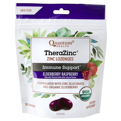 Quantum Health TheraZinc Organic Zinc Lozenges Elderberry Sambucus Raspberry Honey Immune Support for Adults Kids 12 Naturally Flavored Fast Relief with No Aftertaste -18 Count (Package may vary)