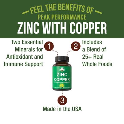 Zinc with Copper Whole Food Blend of 25 Vegetables and Fruits for Max Absorption. Immune Support Supplement Capsules. Two Essential Minerals for Immunity. Zinc Vitamin Pills for Men and Women.
