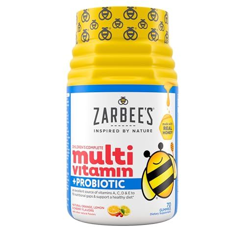 Zarbee&#39;s Kid&#39;s Complete Daily Multivitamin Probiotic Gummies with Vitamins A B C D E zinc for Digestive Health Easy To Chew, Natural Fruit 70 Count