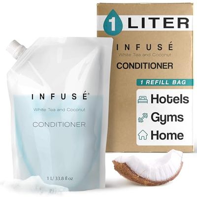 INFUS 1 Liter Conditioner Refill Bag For Soap Dispensers Bulk Toiletries for Vacation Rentals, and Home Bathroom Showers White Tea and Coconut Single