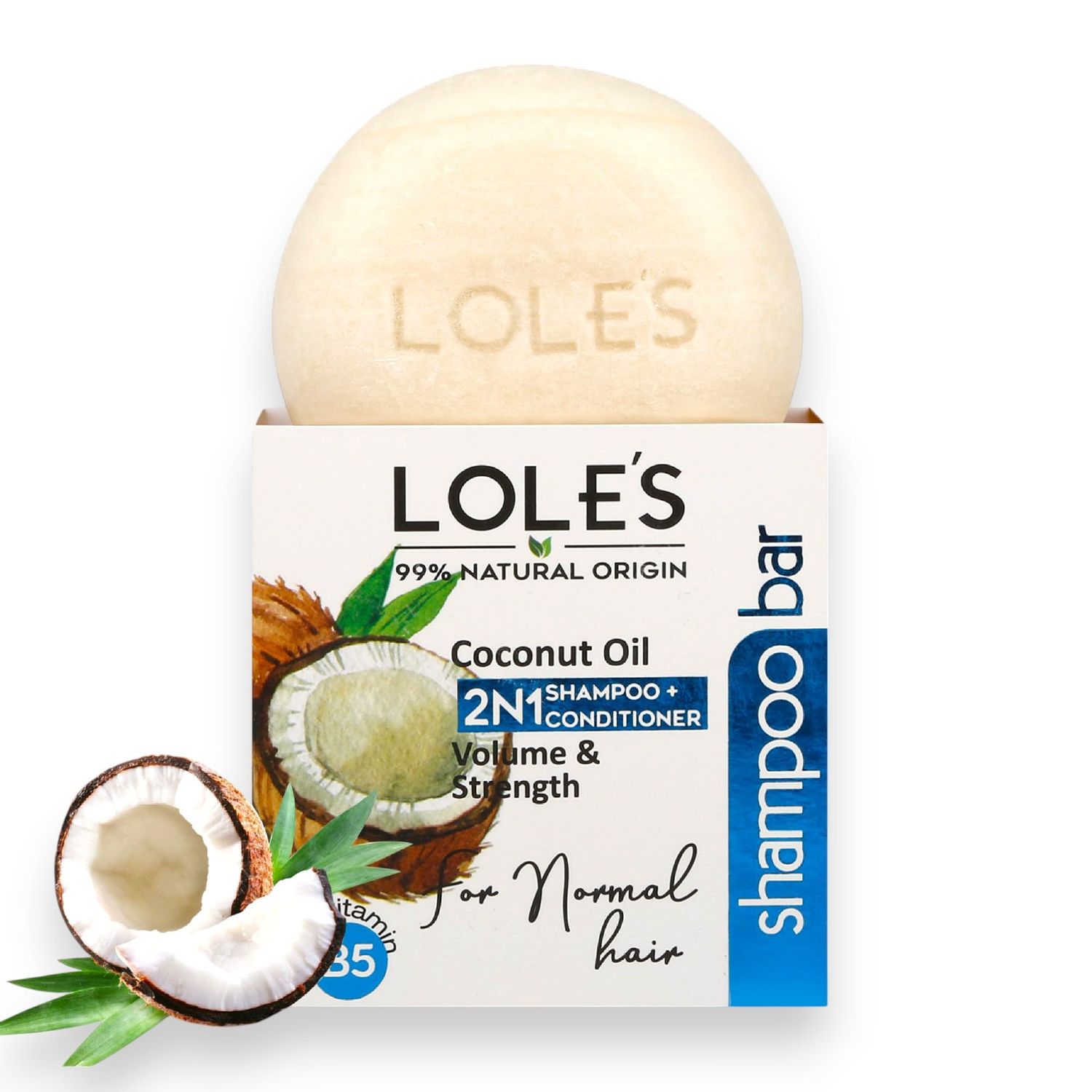 LOLE&#39;S Shampoo Bar and Conditioner, 2in1 with Coconut Oil for Normal Hair, Volume Strength, 99 Natural Origin, Sustainably Sourced, 3.5Oz