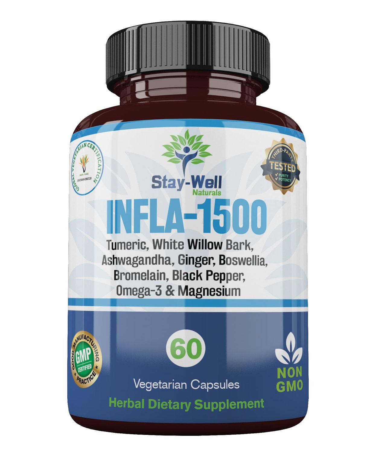 Stay-Well Naturals Infla-1500 All-Natural Relief Supplement Extract Blend with Turmeric, White Willow Bark, Ashwagandha, Ginger, Boswellia, Bromelain, Omega-3 and Magnesium-60ct