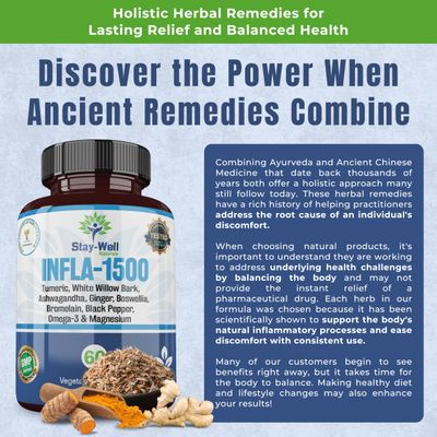 Stay-Well Naturals Infla-1500 All-Natural Relief Supplement Extract Blend with Turmeric, White Willow Bark, Ashwagandha, Ginger, Boswellia, Bromelain, Omega-3 and Magnesium-60ct