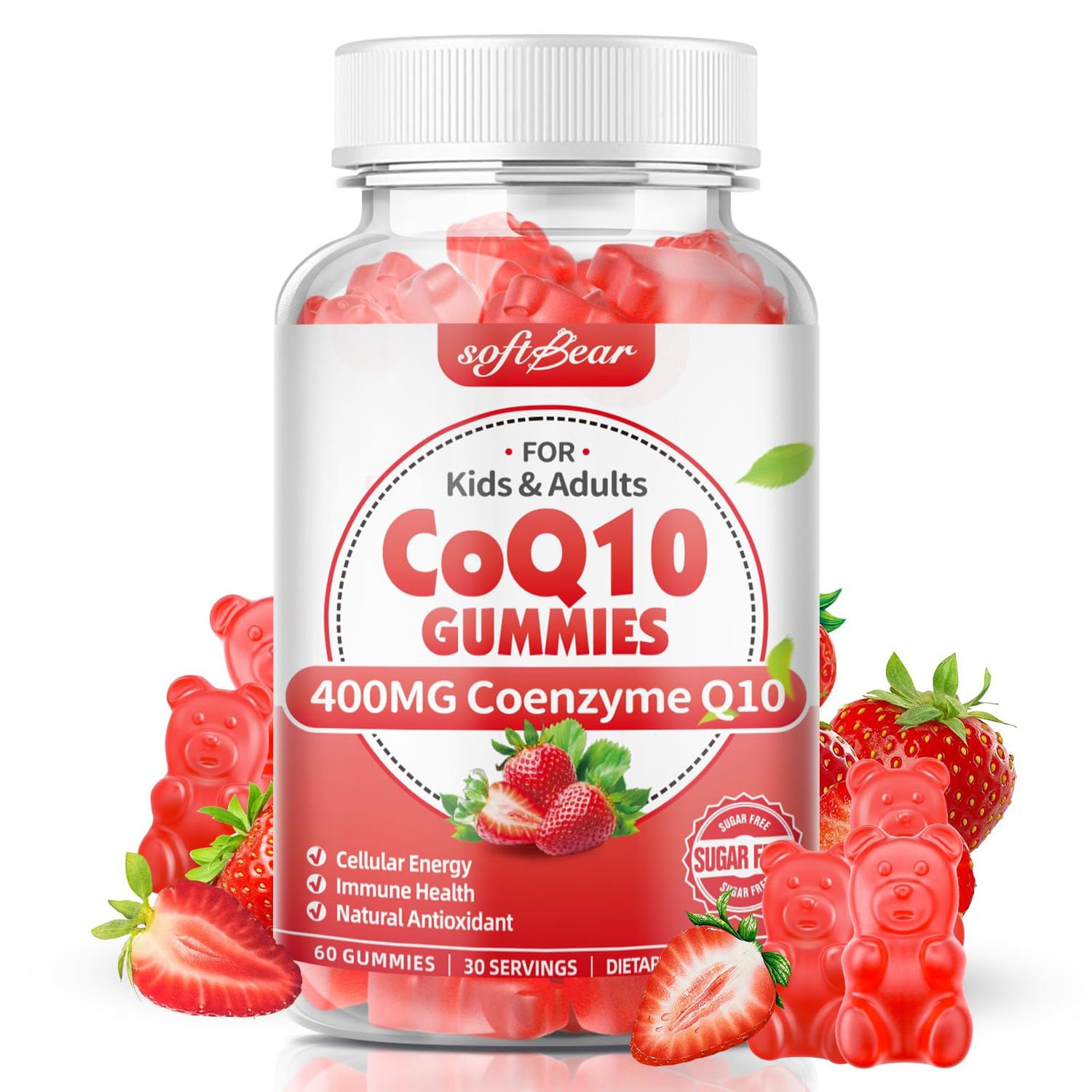 softbear CoQ10 Gummies 400mg Coenzyme Q10 Supplement for Adults, High Absorption coq10 Plus Omega-3, Magnesium, Vitamin B3 Zinc for Cellular Energy Antioxidant, Strawberry Flavor 60 Count