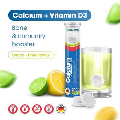 Nutrazul Calcium Vitamin D3 Effervescent Tablets 60 Tablets Supports Bone Health Maintenance for Adults Kids Lemon-Lime Flavor