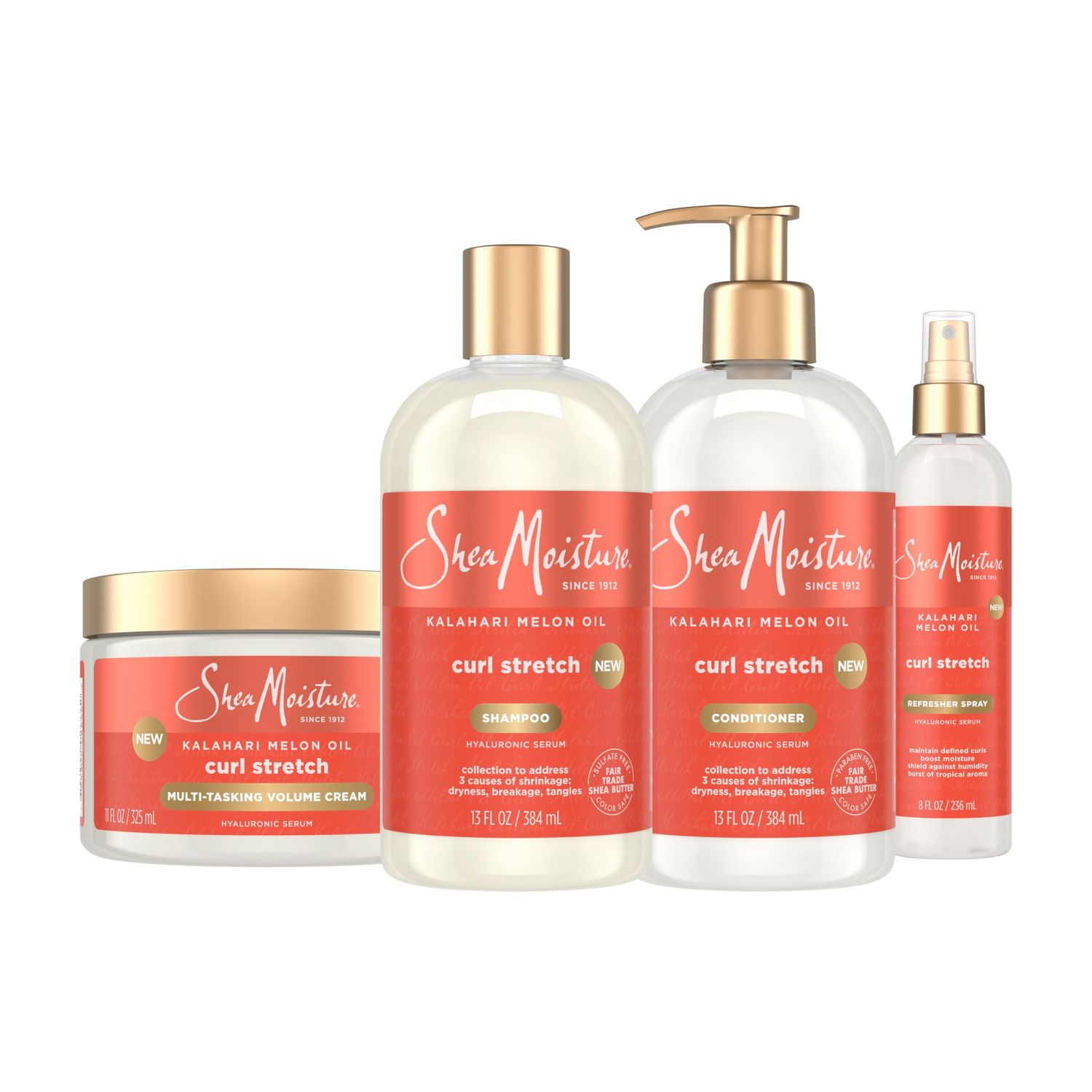 SheaMoisture Curl Stretch Shampoo, Conditioner, Volume Cream, and Refresher Spray with Kalahari Melon Oil and Hyaluronic Serum - Hydrates, Repairs Breakage, Detangles, Minimizes Shrinkage, 4 Pack