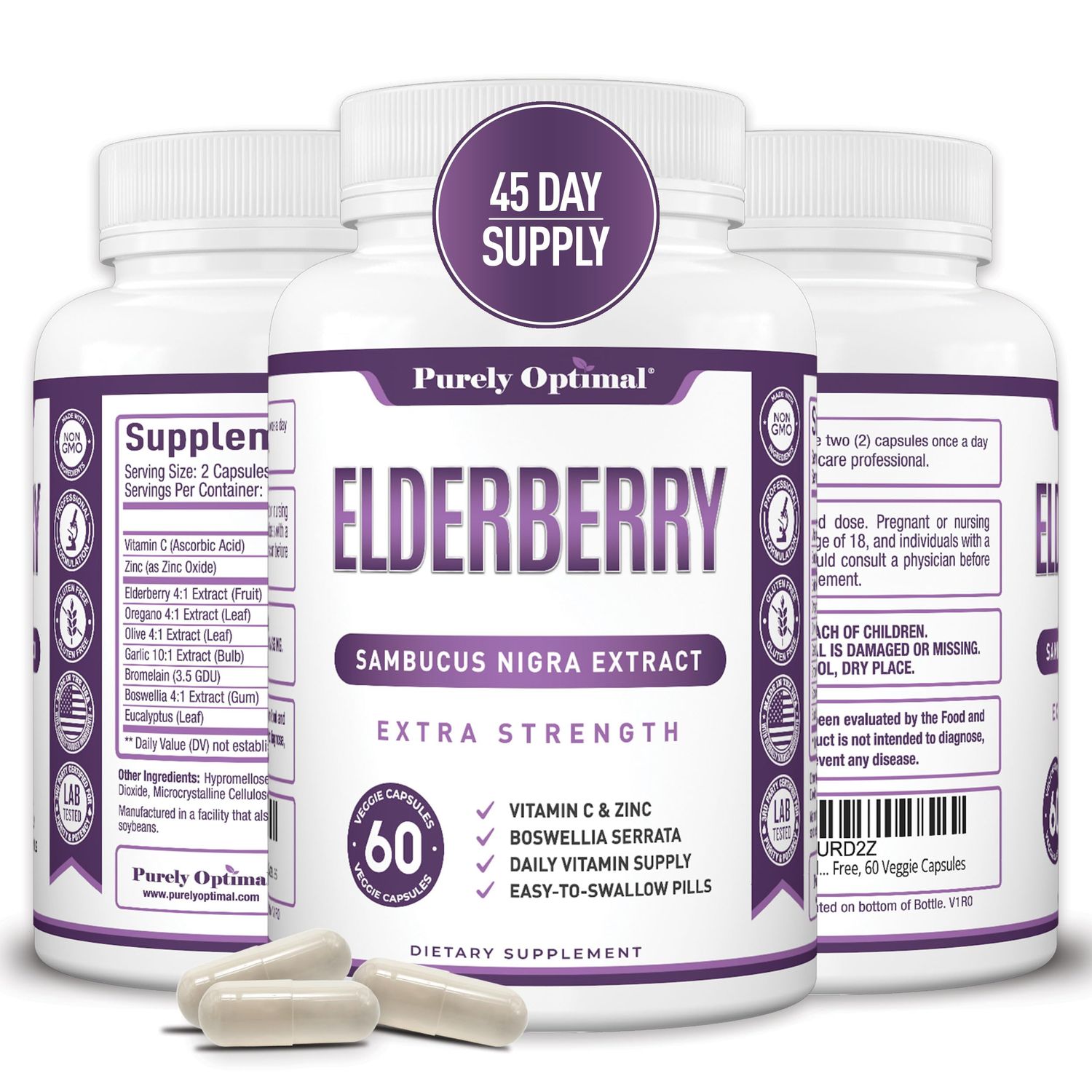 Purely Optimal Elderberry Capsules - Premium Quality Sambucus Nigra Extract Supplement - Naturally Sourced, Immune Function Support - Non-GMO, Gluten Free, Vegan Friendly - 60 Capsules