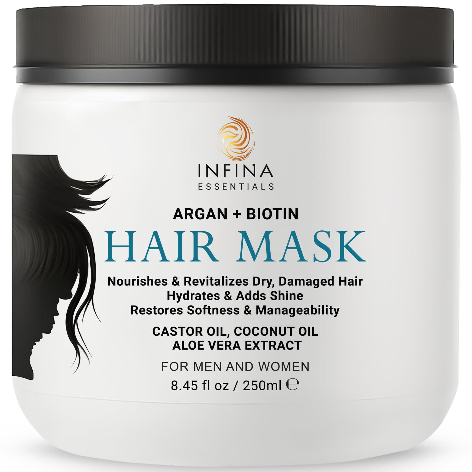 INFINA ESSENTIALS Argan Oil Hair Mask with Biotin - Intensive Hydrating Treatment Deep Conditioning for Dry, Damaged Hair, Encourages Hair Growth - All Hair Types, Men Women - 8.45 fl oz