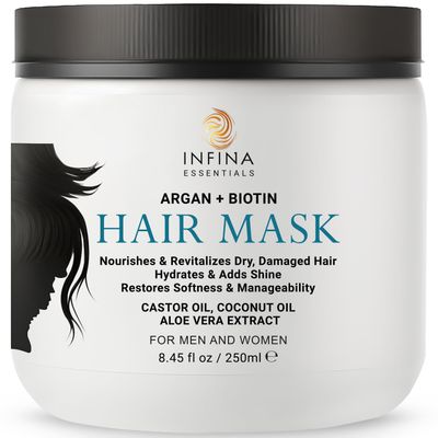 INFINA ESSENTIALS Argan Oil Hair Mask with Biotin - Intensive Hydrating Treatment Deep Conditioning for Dry, Damaged Hair, Encourages Hair Growth - All Hair Types, Men Women - 8.45 fl oz