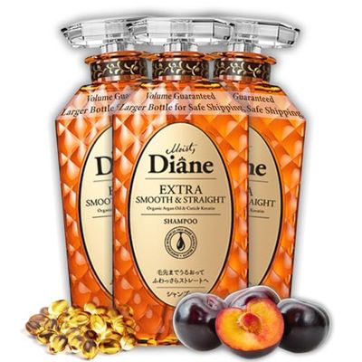 Moist Diane Keratin Shampoo for Frizzy Hair Coarse Hair Women and Men, Organic Hair Care with Argan Oil Plum Oil from Japan, Sulfate Silicone Free, EXTRA SMOOTH STRAIGHT, 15.2 Fl Oz, 3EA
