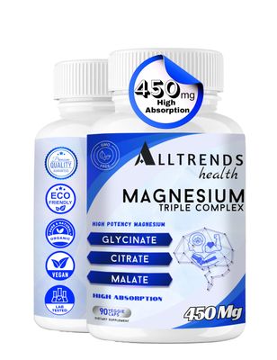 AllTrends Health Triple Magnesium Complex High Potency Magnesium 450mg of Magnesium Glycinate, Malate Citrate High Absorption Non-GMO, Gluten Free, Soy Free, Vegan 90 Capsules.