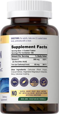 Carlyle Iron Supplement 65 mg with Vitamin C 180 Tablets 300mg of Vitamin C Vegetarian, Non-GMO and Gluten Free