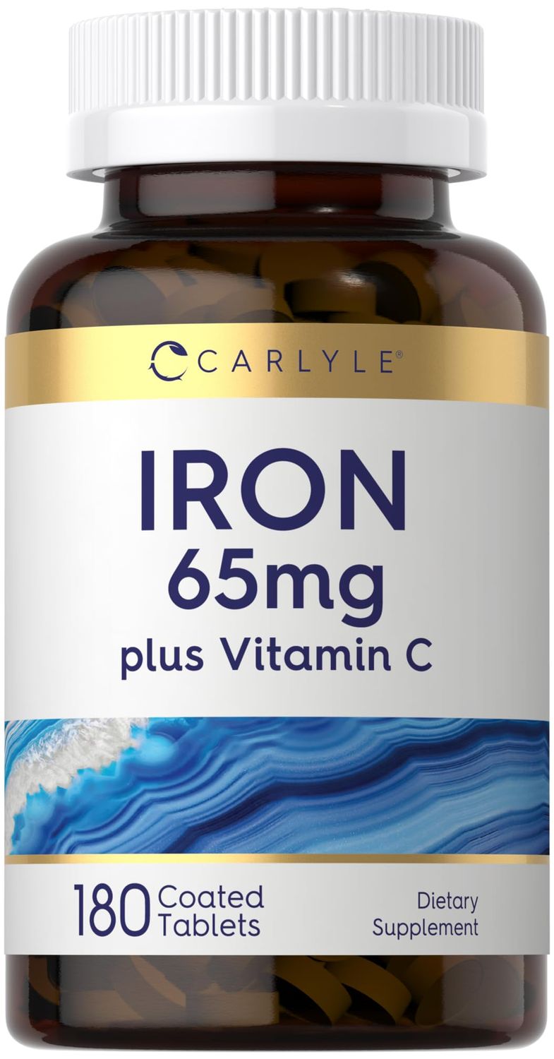 Carlyle Iron Supplement 65 mg with Vitamin C 180 Tablets 300mg of Vitamin C Vegetarian, Non-GMO and Gluten Free