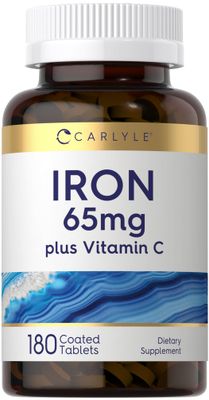 Carlyle Iron Supplement 65 mg with Vitamin C 180 Tablets 300mg of Vitamin C Vegetarian, Non-GMO and Gluten Free