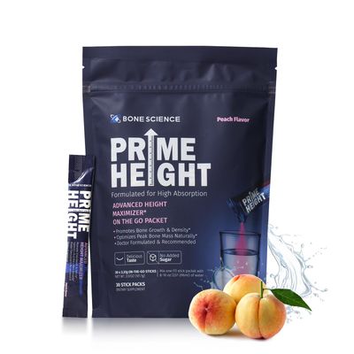 BONE SCIENCE Prime Height Powder - Kids Daily Multivitamin with Calcium, Magnesium, Zinc, and Vitamins B6, B12, C, D3, E, K - 30 Sticks, Peach Flavor