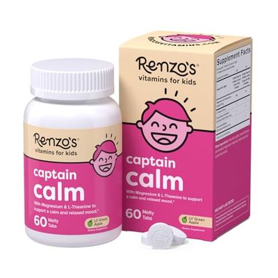 Renzo&#39;s Captain Calm, Kids Magnesium Supplement with L-theanine, Dissolvable Kids Vitamins for Relaxation and Mood Support, Sugar-Free Calming Supplement, 60 Green Apple Flavored Melty Tabs