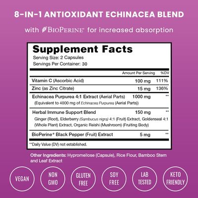 NutraChamps Echinacea Capsules 1000mg - 8-in-1 Immune Support Supplement - Echinacea Goldenseal, Vitamin C, Zinc, Ginger, Elderberry - 60 Capsules