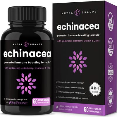 NutraChamps Echinacea Capsules 1000mg - 8-in-1 Immune Support Supplement - Echinacea Goldenseal, Vitamin C, Zinc, Ginger, Elderberry - 60 Capsules
