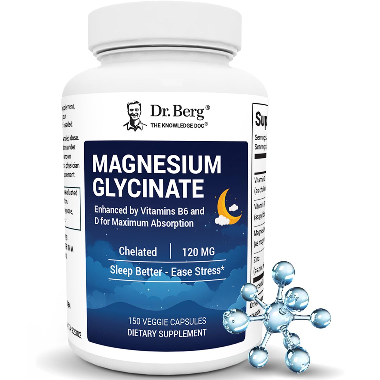 Dr. Berg Magnesium Glycinate with Vitamin D, B6 Zinc for Stress Relief, Calm, Relaxation, Good Sleep - 120 mg Per Magnesium Bisglycinate Capsule - Chelated Magnesium Glycinate - 150 Caps