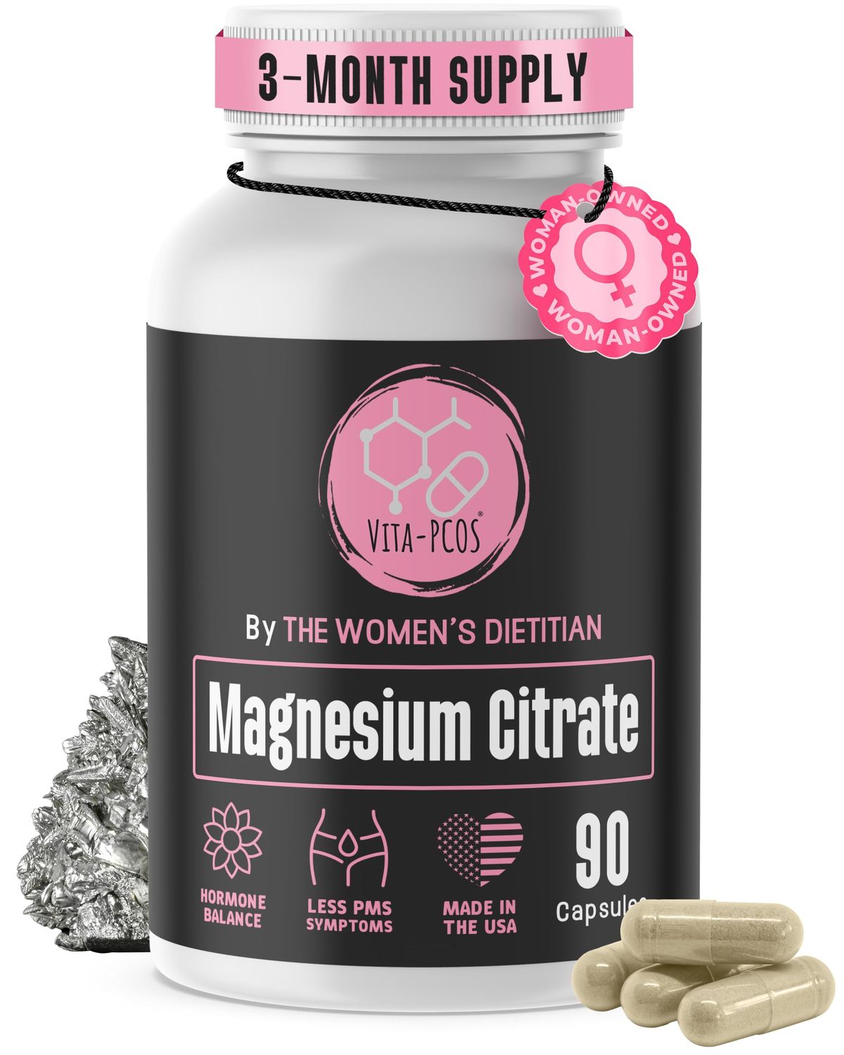 VITA-PCOS Magnesium Citrate Supplement for Women 150mg - Magnesium Glycinate Capsules for Women&#39;s Health - Pure Citrate Tablets for Digestion Energy - Women Vitamins - 90-Day Supply - 1 Bottle